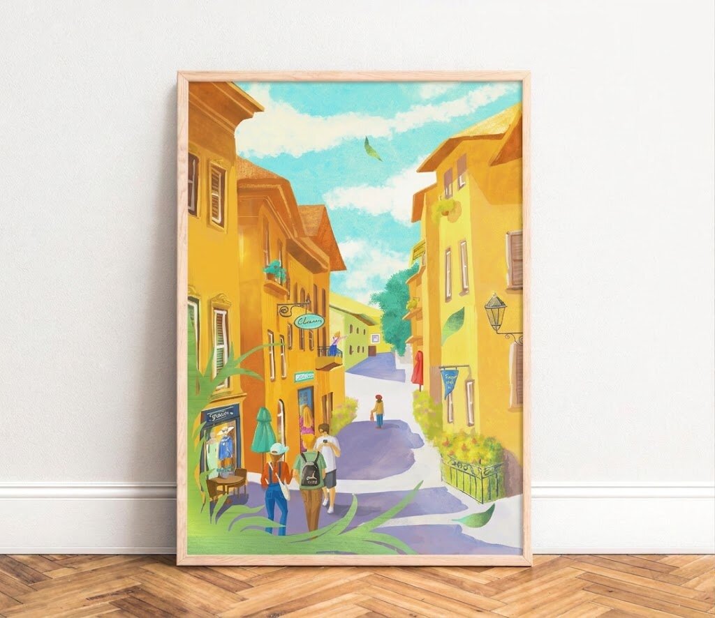 Watercolor paintings of European buildings and trees